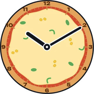 A pizza clock with peppers, sweetcorn and basil